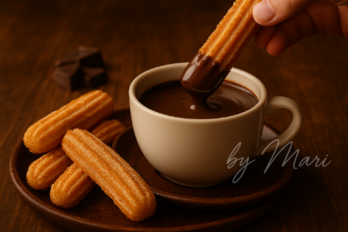 Густой горячий шоколад в белой чашке с чуррос