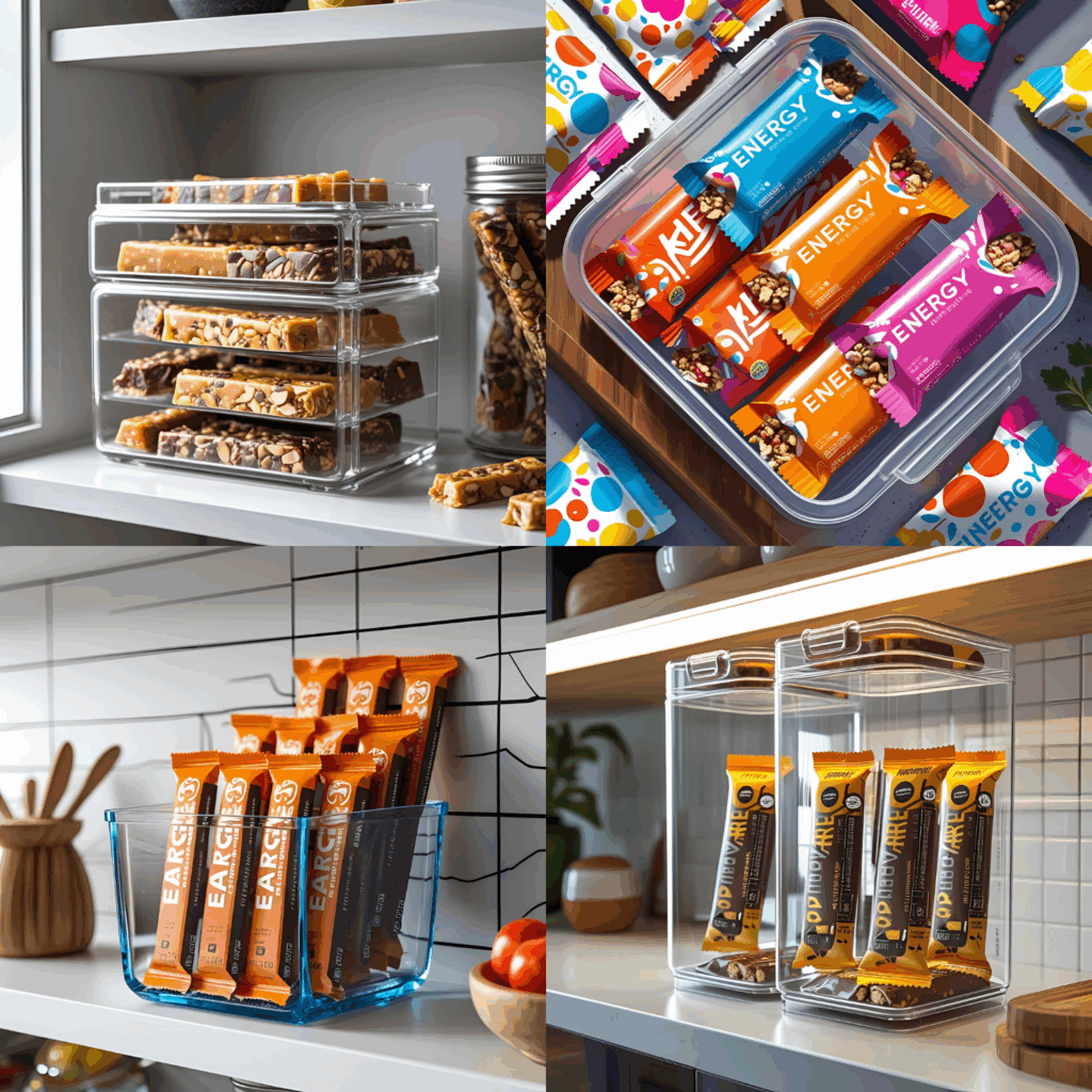 прозрачный контейнер с энергетическими батончиками на кухонной полке