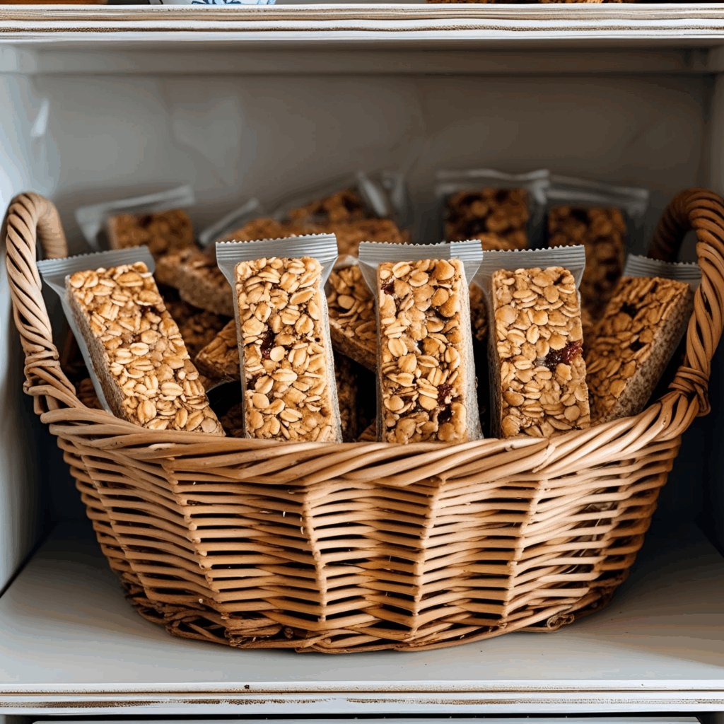 плетёная корзина с батончиками на открытой кухонной полке