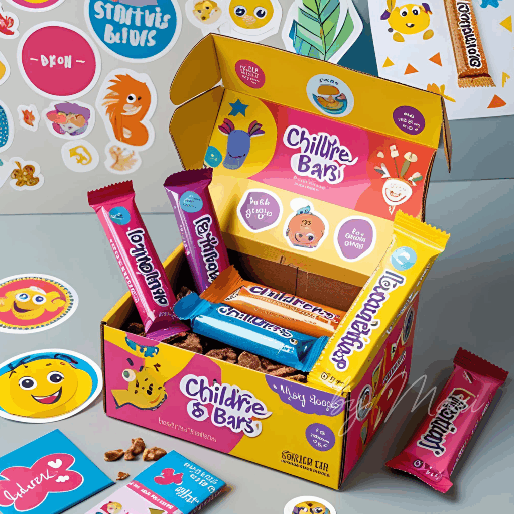 яркая коробка с наклейками и детскими батончиками