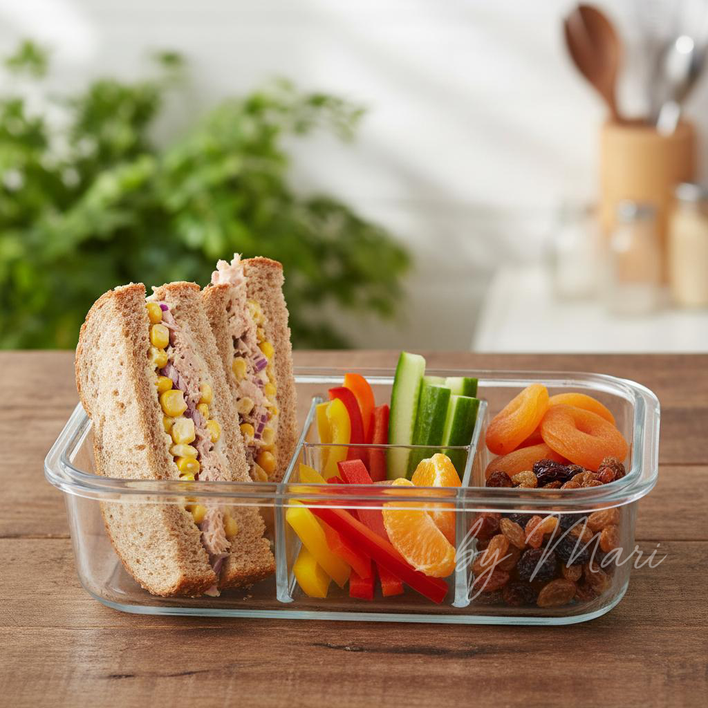 Ланч-бокс с тунцовым сэндвичем и фруктами