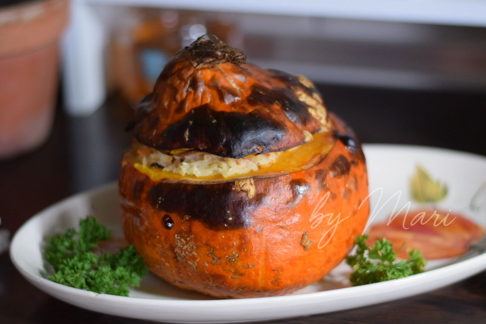 тыква, запечённая с рисом и курицей в духовке